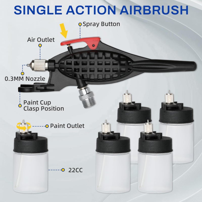 OPHIR 0.3mm Airbrush Kit, Siphon Feed Airbrush Gun with 5X 22CC Airbrush Bottles, M5 Female & 1/8 Male Connector for Model, Craft, Shoes, Temporary Tattoo Airbrushing, Easily Change Air Brush Paints - Image 5